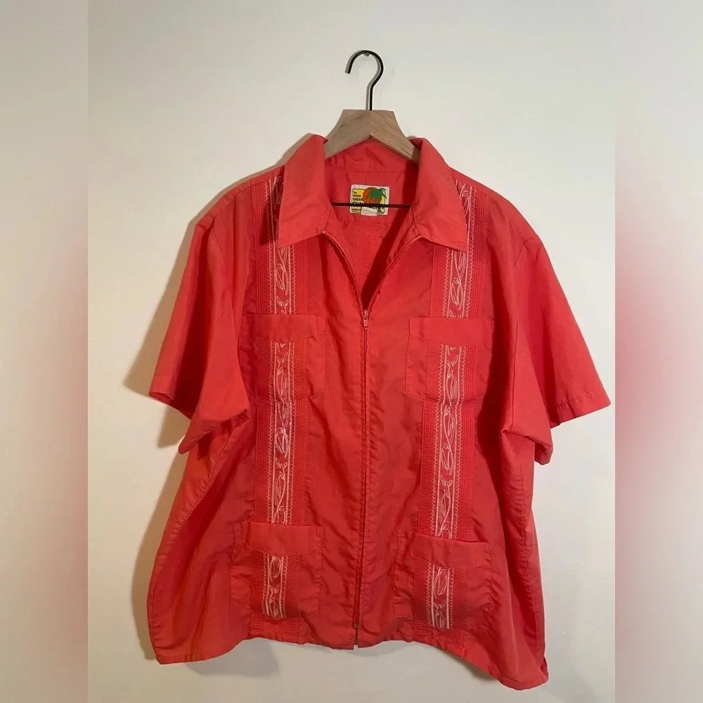 Haband Guayabera Men's Orange Mexican WeddingCigar Zip Shirt 4Pocket Embroidered